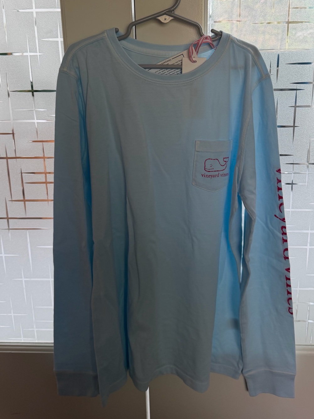 Vineyard Vines Ice water Blue Long Sleeve Pocket Tee with Pink Script